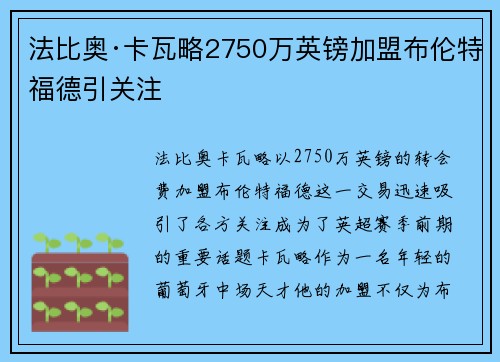 法比奥·卡瓦略2750万英镑加盟布伦特福德引关注