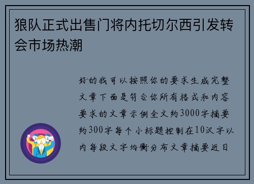 狼队正式出售门将内托切尔西引发转会市场热潮